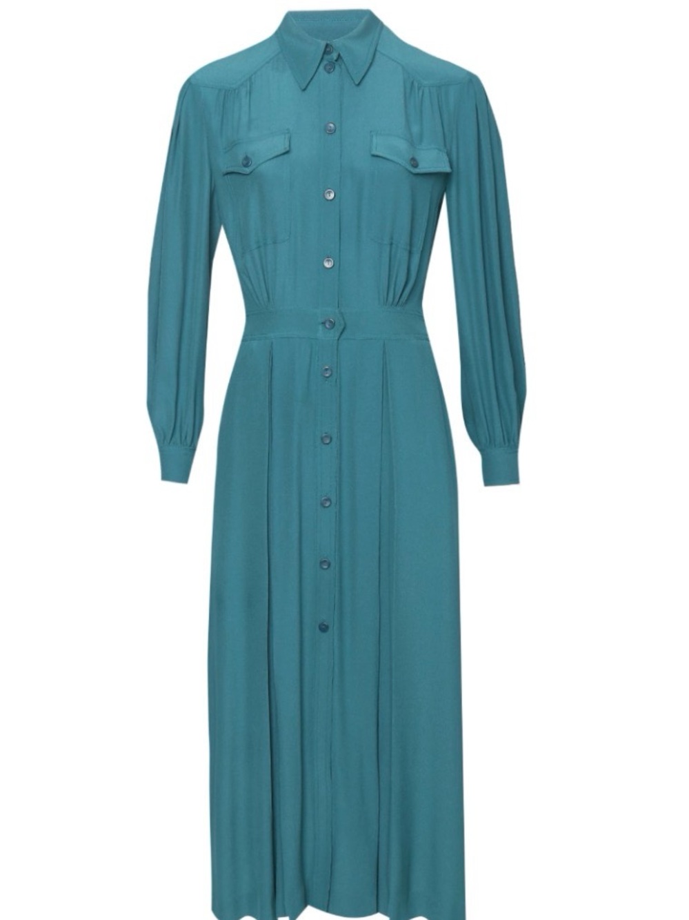 Vintage Teal Button-Front Midi Shirt Dress